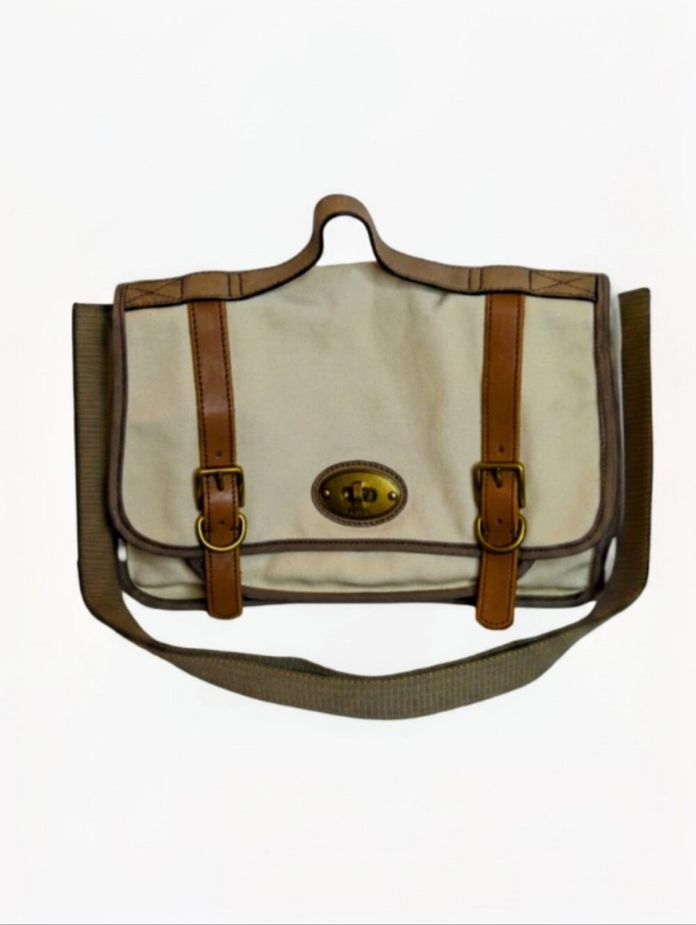 Fossil Cream Canvas Tan Leather Messenger Bag Crossbody Tote Satchel Vintage